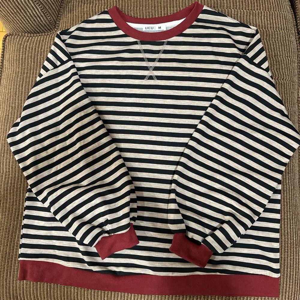 Striped Crewneck Oversized Sweatshirt with Red Trim